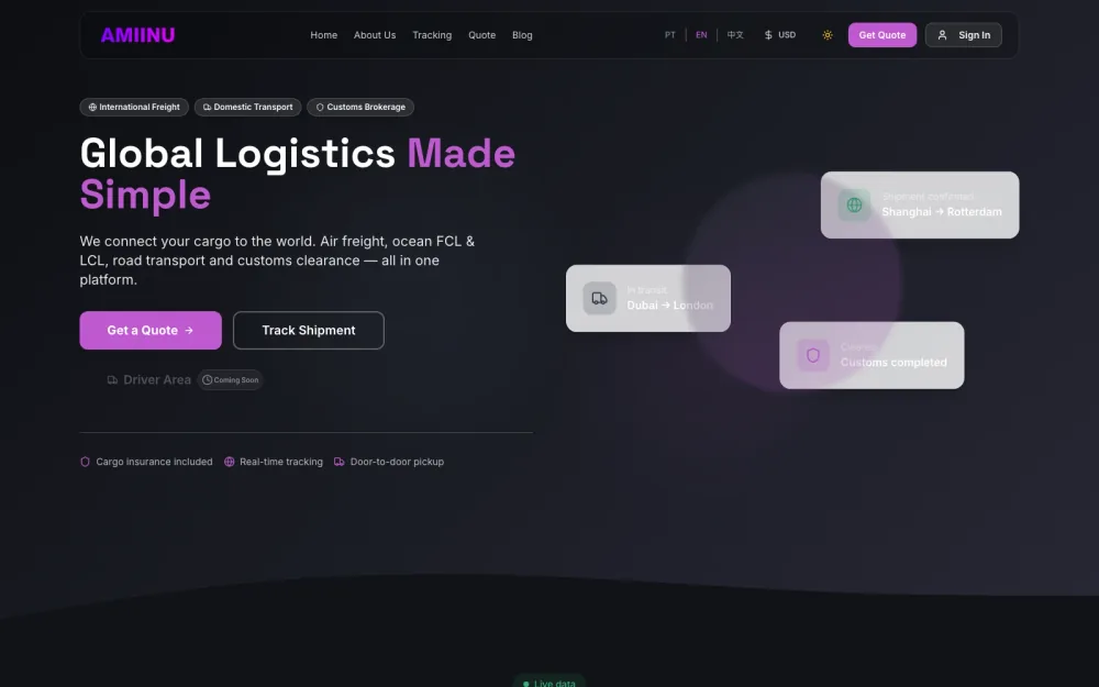 Amiinu global logistics platform showing freight services, shipment tracking, and quote actions
