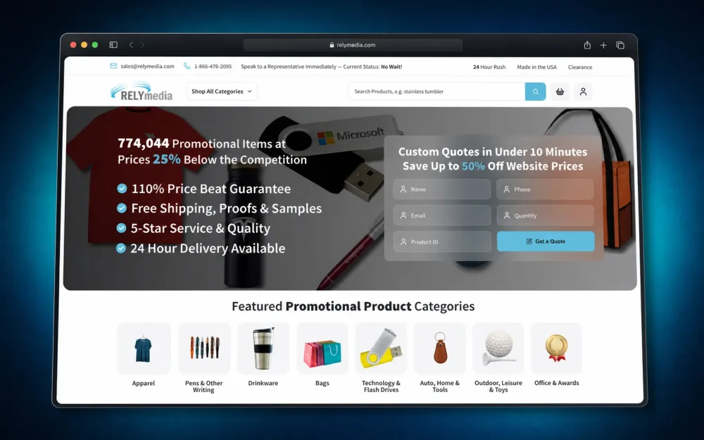 RelyMedia promotional products storefront with product search and a custom quote experience