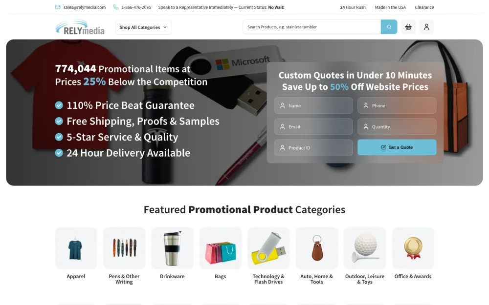 RelyMedia storefront, product search, and custom quote interface